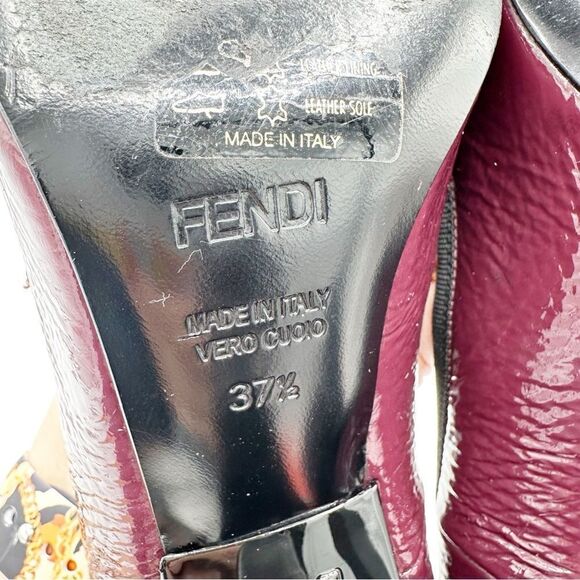 Fendi Burgundy Textured Patent Peep Toe Pumps w/Bow Grosgrain Bow Sculptured 7M - Picture 11 of 16